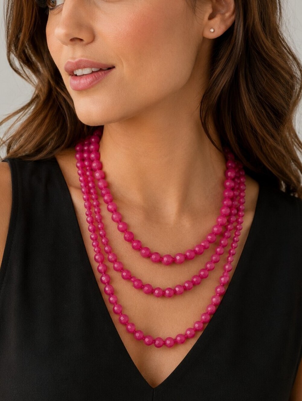 Hot Candy Pink Glass Bead Knotted Long Infinity Necklace